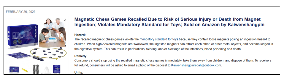 磁性国际象棋被召回